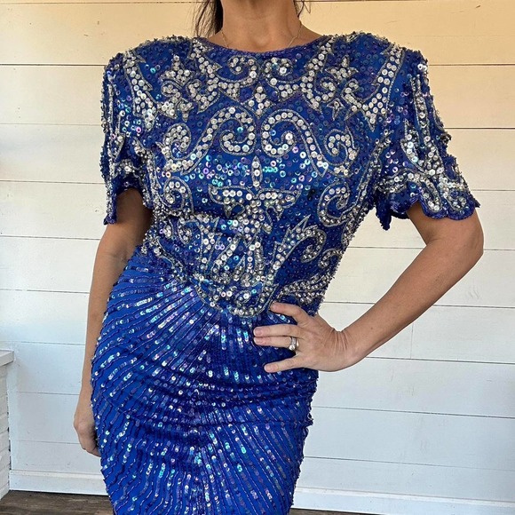 Vintage 80's Blue Sequin Dress Cocktail Beaded Silk Dress BRILLIANTE by JA - Picture 2 of 5